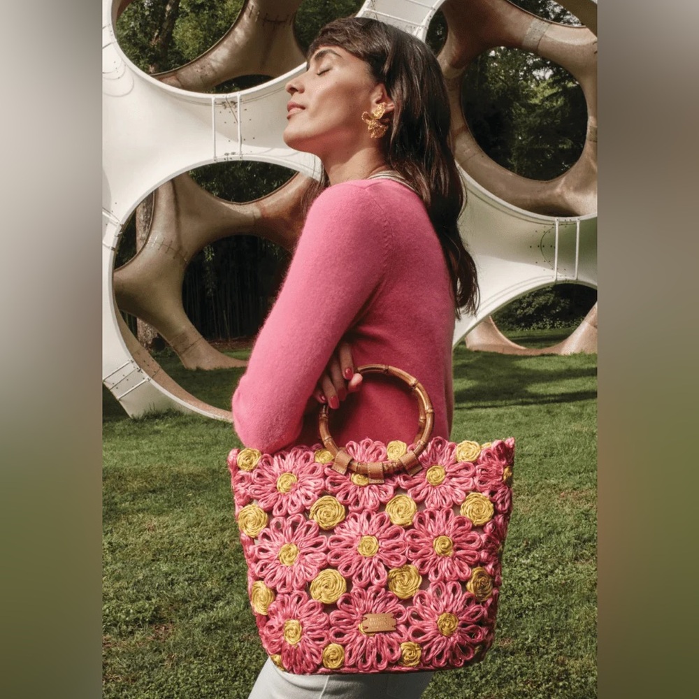 NWT Frances Valentine Flora Tote with Bamboo Handle and Pink & Yellow Flowers